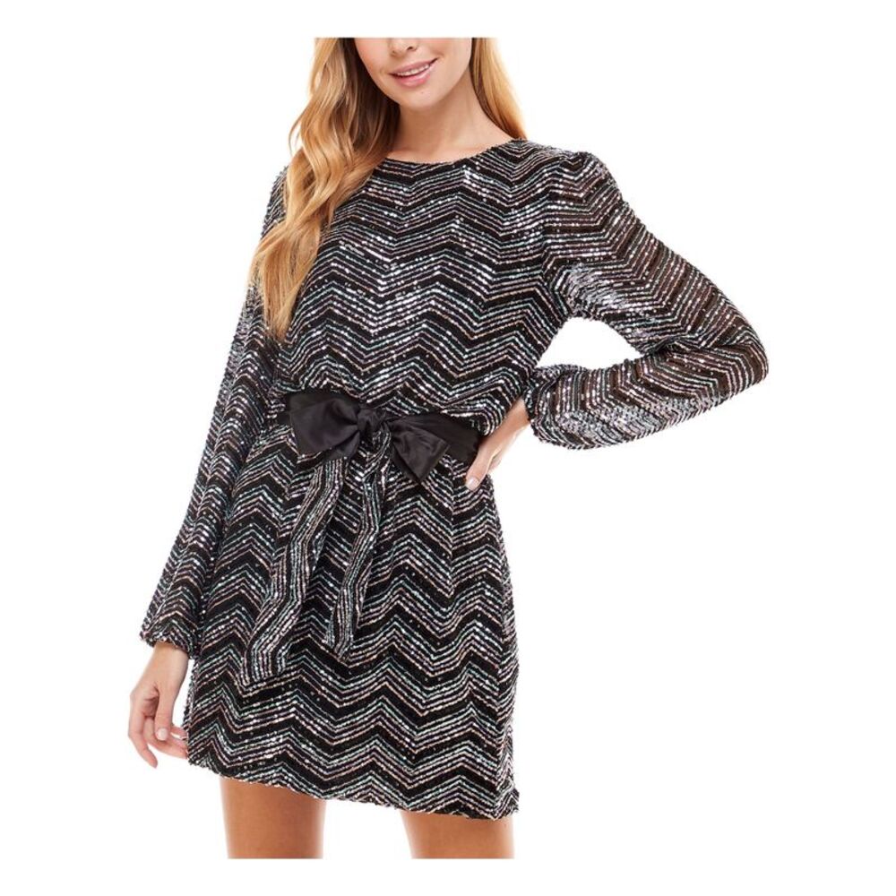 CRYSTAL DOLLS Womens Shift Short Dress Black Belted Long Sleeve Juniors XXS